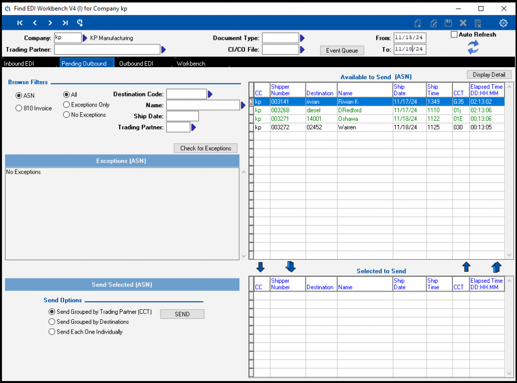 AIM Vision EDI Workbench - Pending Outbound Transactions Tab